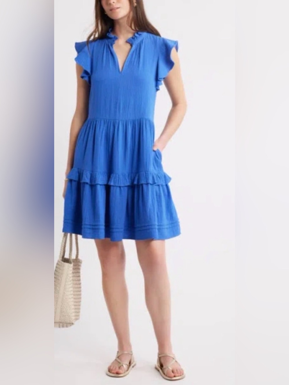 Caslon Ruffle Duo Cotton Gauze Tiered Mini Dress in Royal Blue Size XL